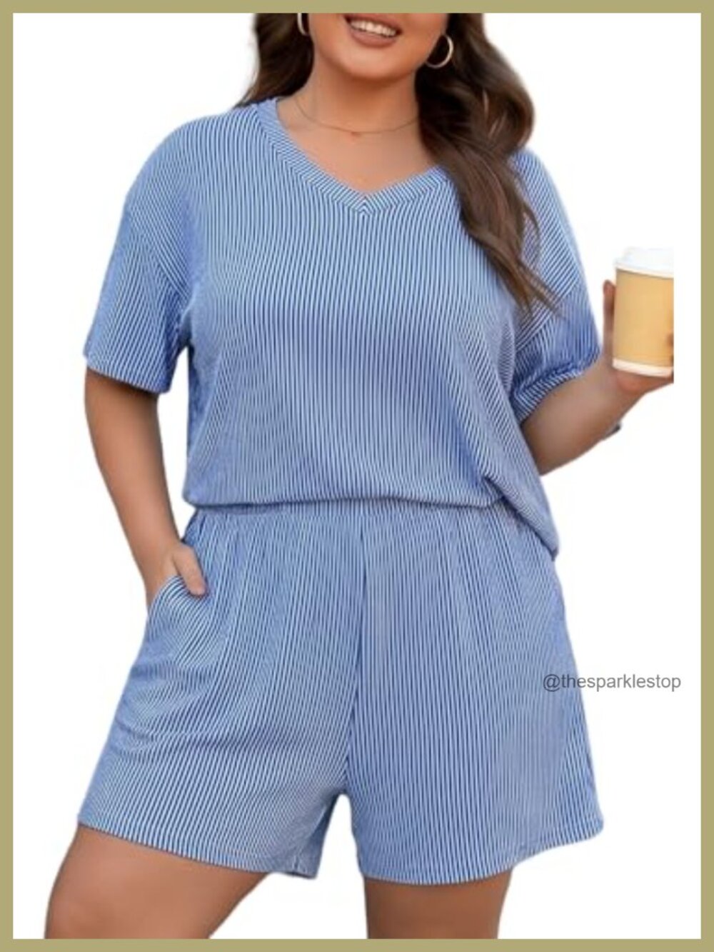 Ribbed 2 Piece Short Set V Neck Top & Pocket Shorts Casual Summer Loungewear